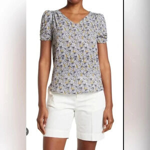 Adrianna Papell Printed V-Neck Ruched Sleeve Pebble Crepe Top Dusty Blue Size M